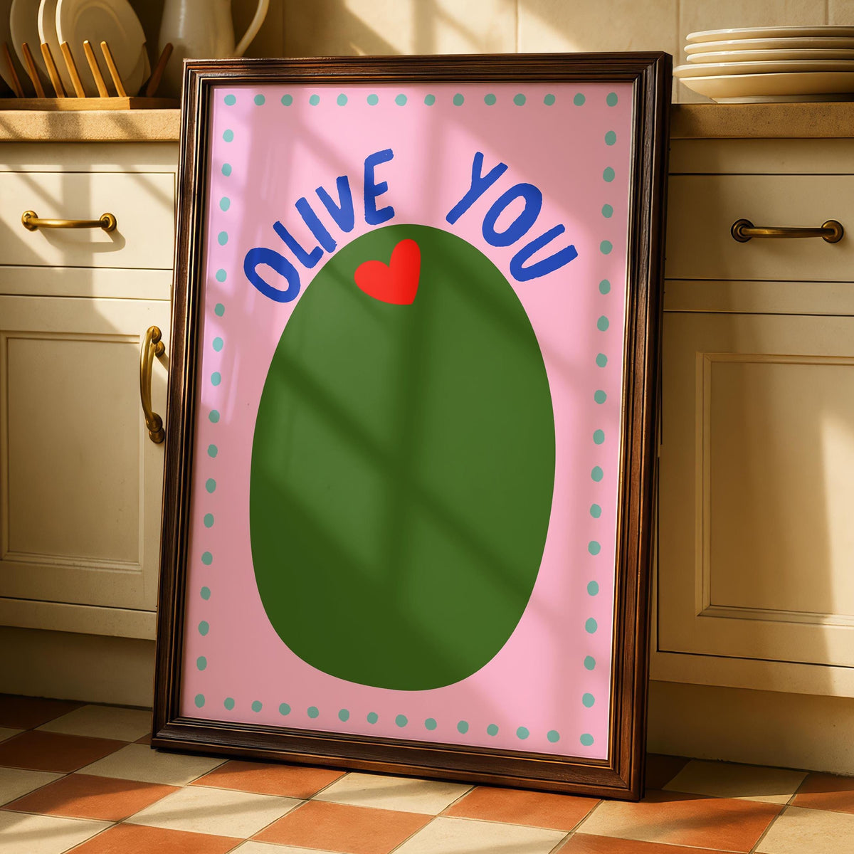 Olive You Kitchen Print - Fun Colourful Wall Art - Pink and green prints