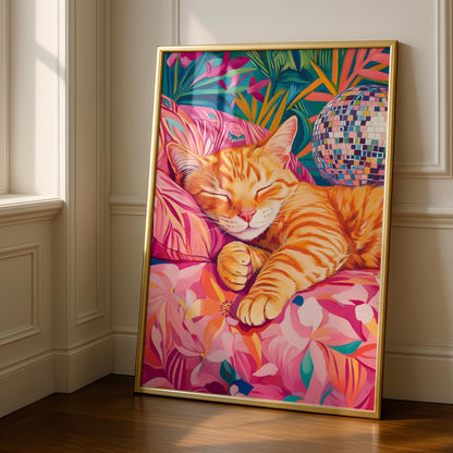 Disco Ball - Ginger Cat Print - Funky Kitchen Wall Art - Eclectic Prints - Maximalist Decor