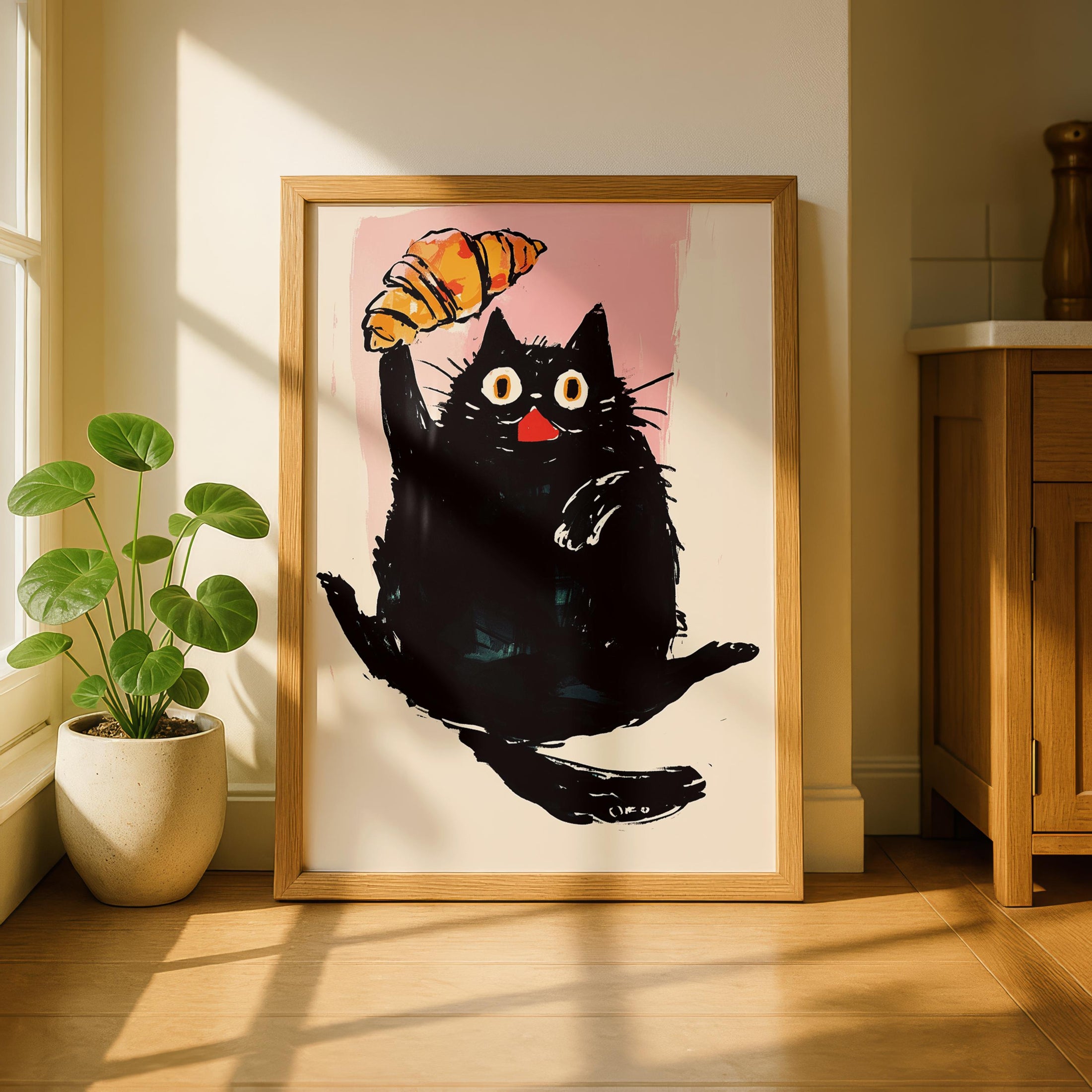 Cat Croissant Kitchen Print - Cafe Breakfast Art - Fun kitchen decor