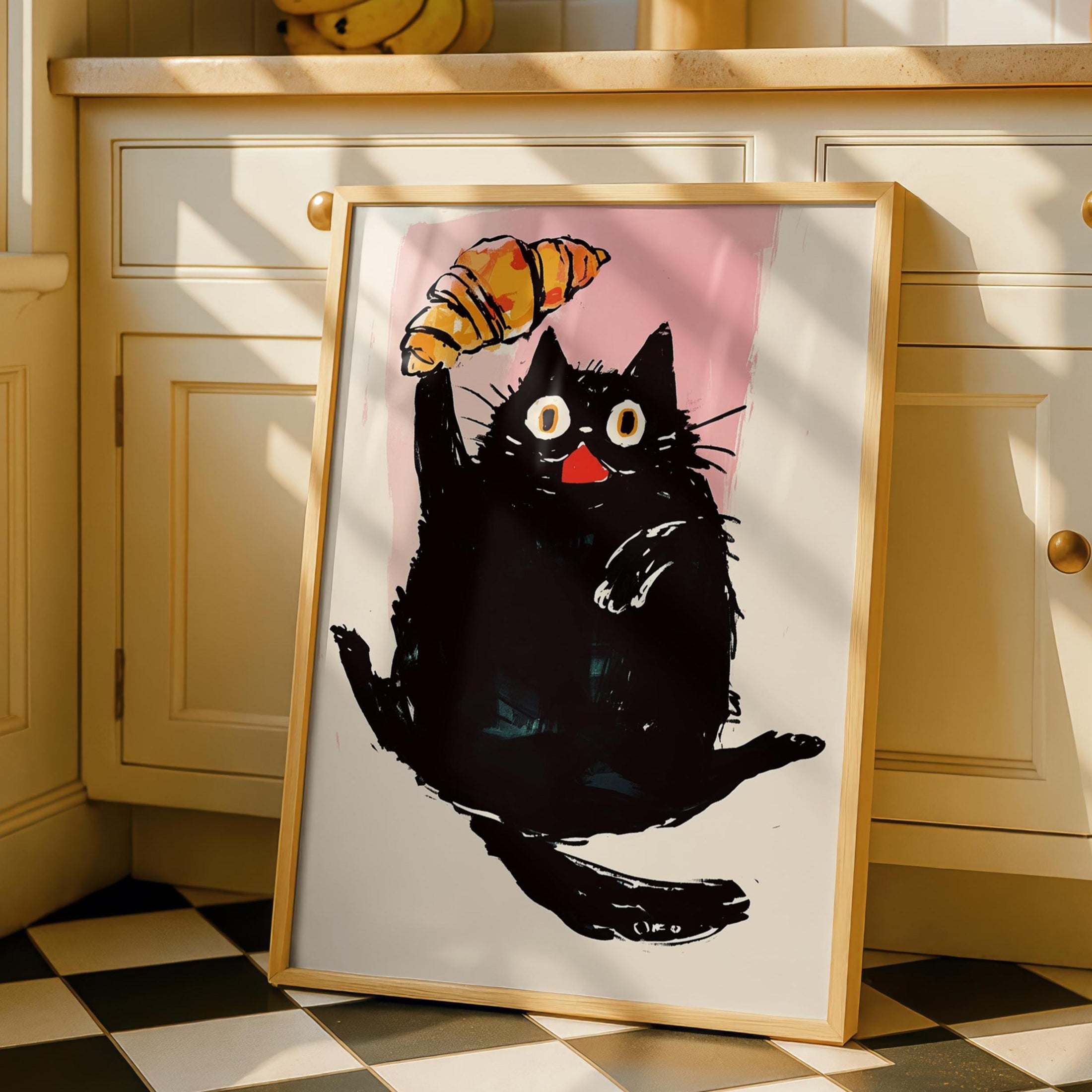 Cat Croissant Kitchen Print - Cafe Breakfast Art - Fun kitchen decor