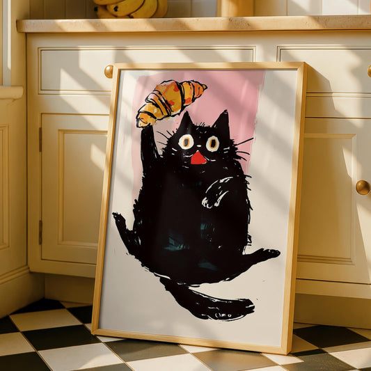 Cat Croissant Kitchen Print - Cafe Breakfast Art - Fun kitchen decor