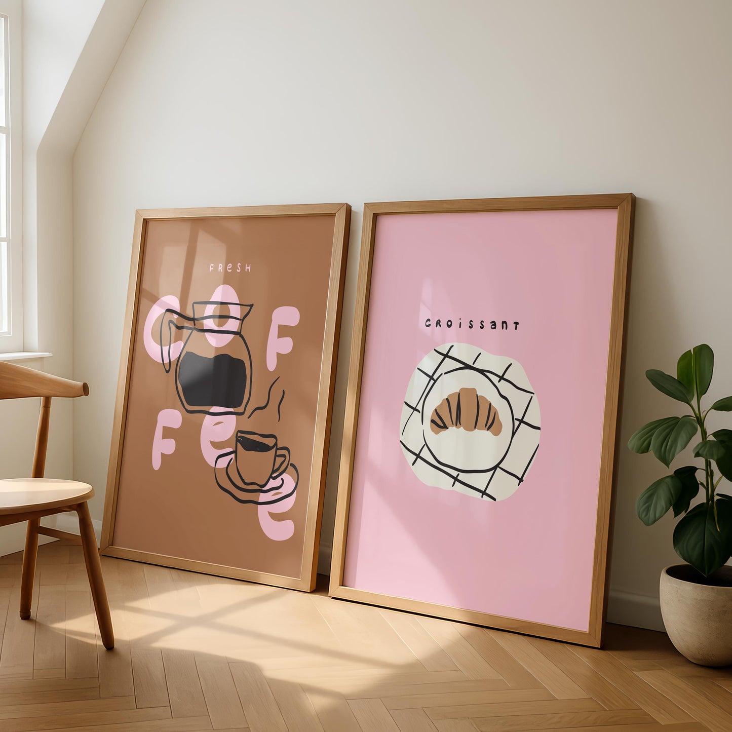 Set of 2 Coffee prints - Pink Brown Prints - Kitchen home decor - Cafe Croissant wall art