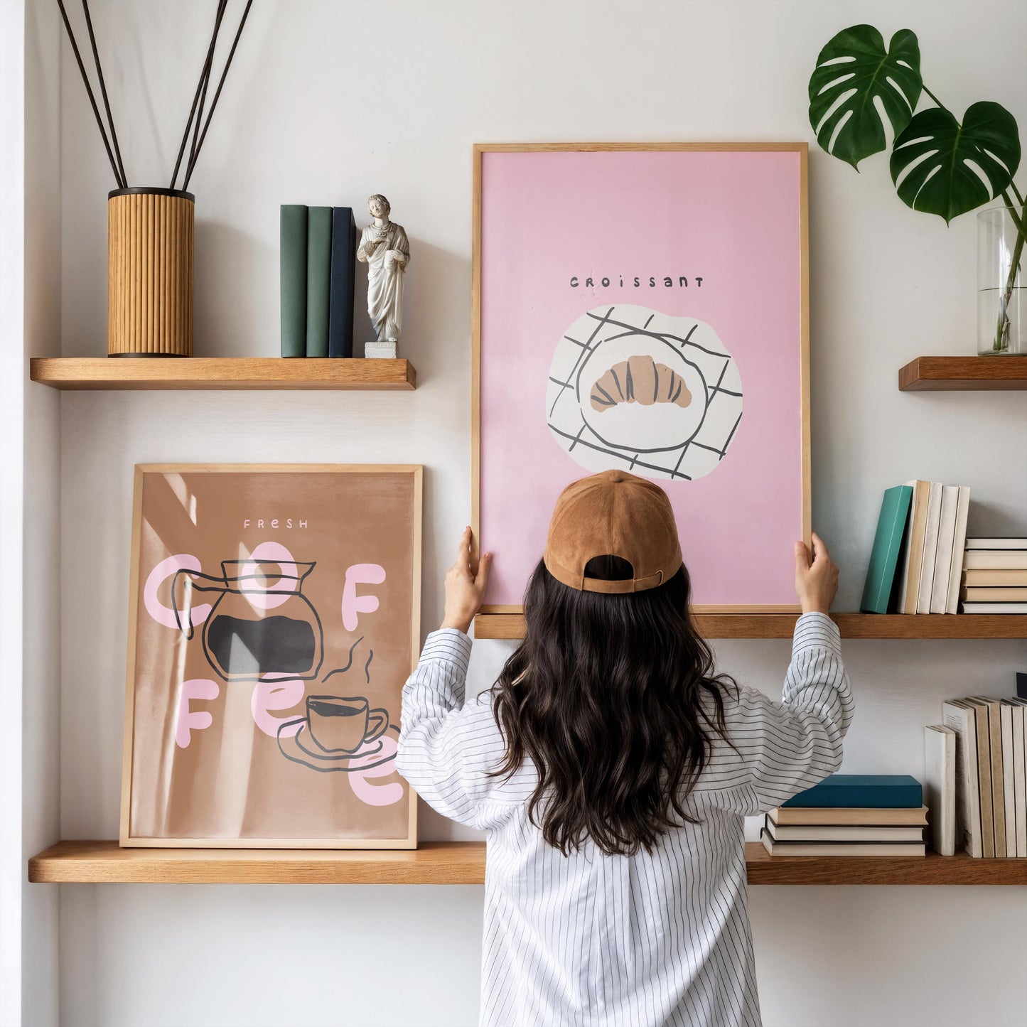Set of 2 Coffee prints - Pink Brown Prints - Kitchen home decor - Cafe Croissant wall art