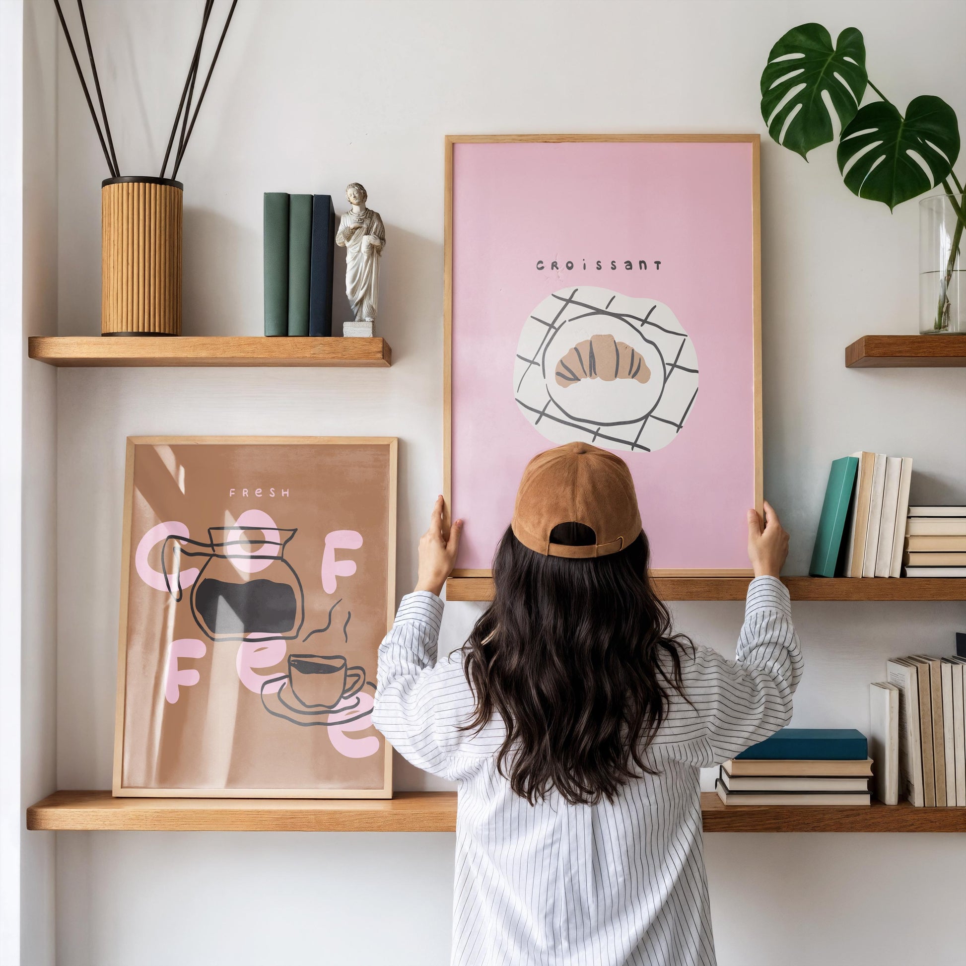 Set of 2 Coffee prints - Pink Brown Prints - Kitchen home decor - Cafe Croissant wall art