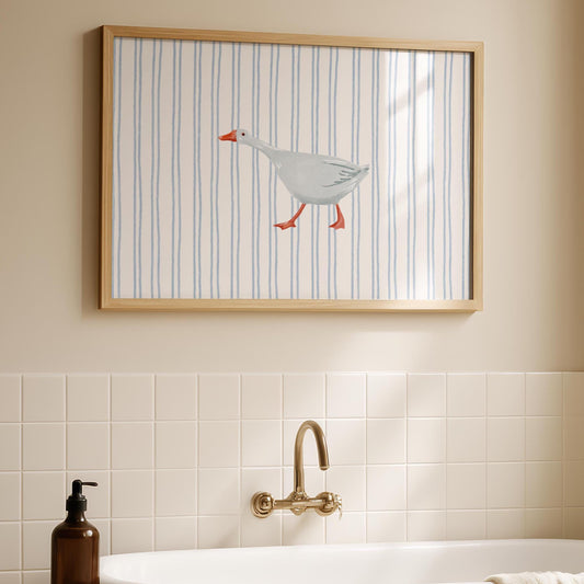 Silly Goose Print - Cottagecore Goose - Stripy Blue Prints Quirky Animal Wall Art