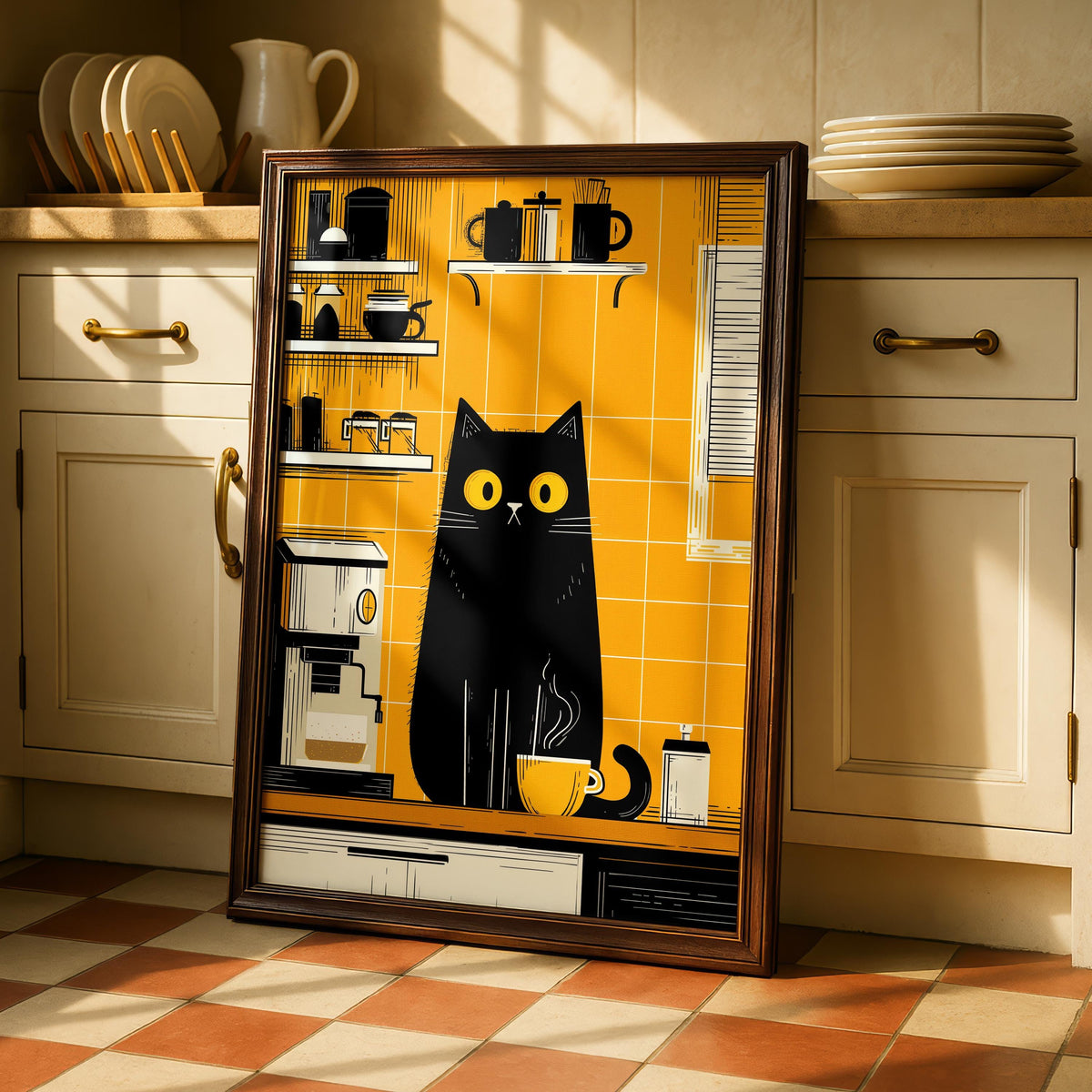 Black Cat Kitchen Print - Cafe Breakfast Art - Fun kitchen decor - Coffee Prints