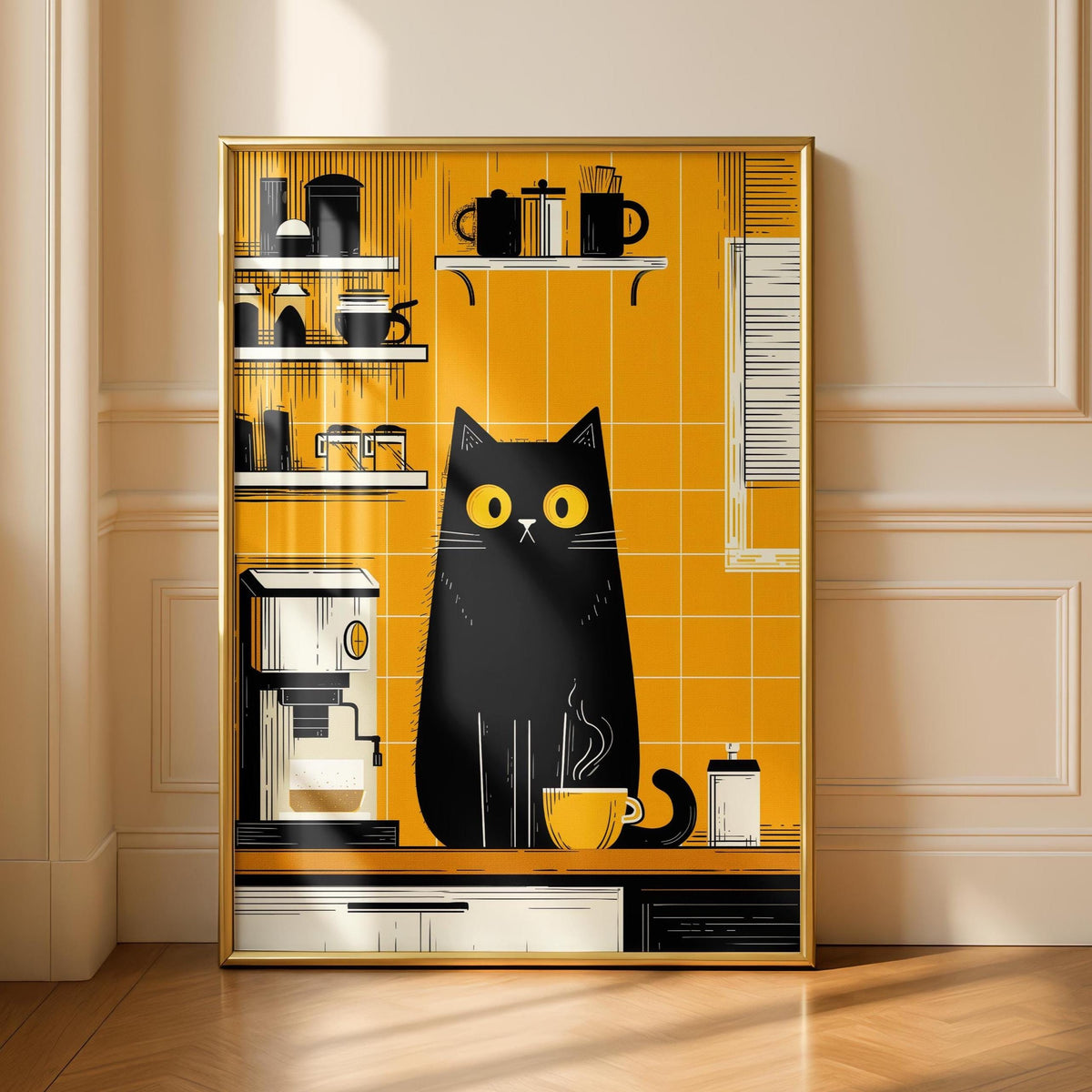 Black Cat Kitchen Print - Cafe Breakfast Art - Fun kitchen decor - Coffee Prints