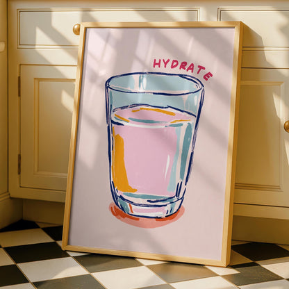 Hydrate Kitchen Print - Breakfast Art - Neutral Kitchen Art - Pink Kitchen Decor - Pastel drink water