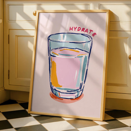 Hydrate Kitchen Print - Breakfast Art - Neutral Kitchen Art - Pink Kitchen Decor - Pastel drink water