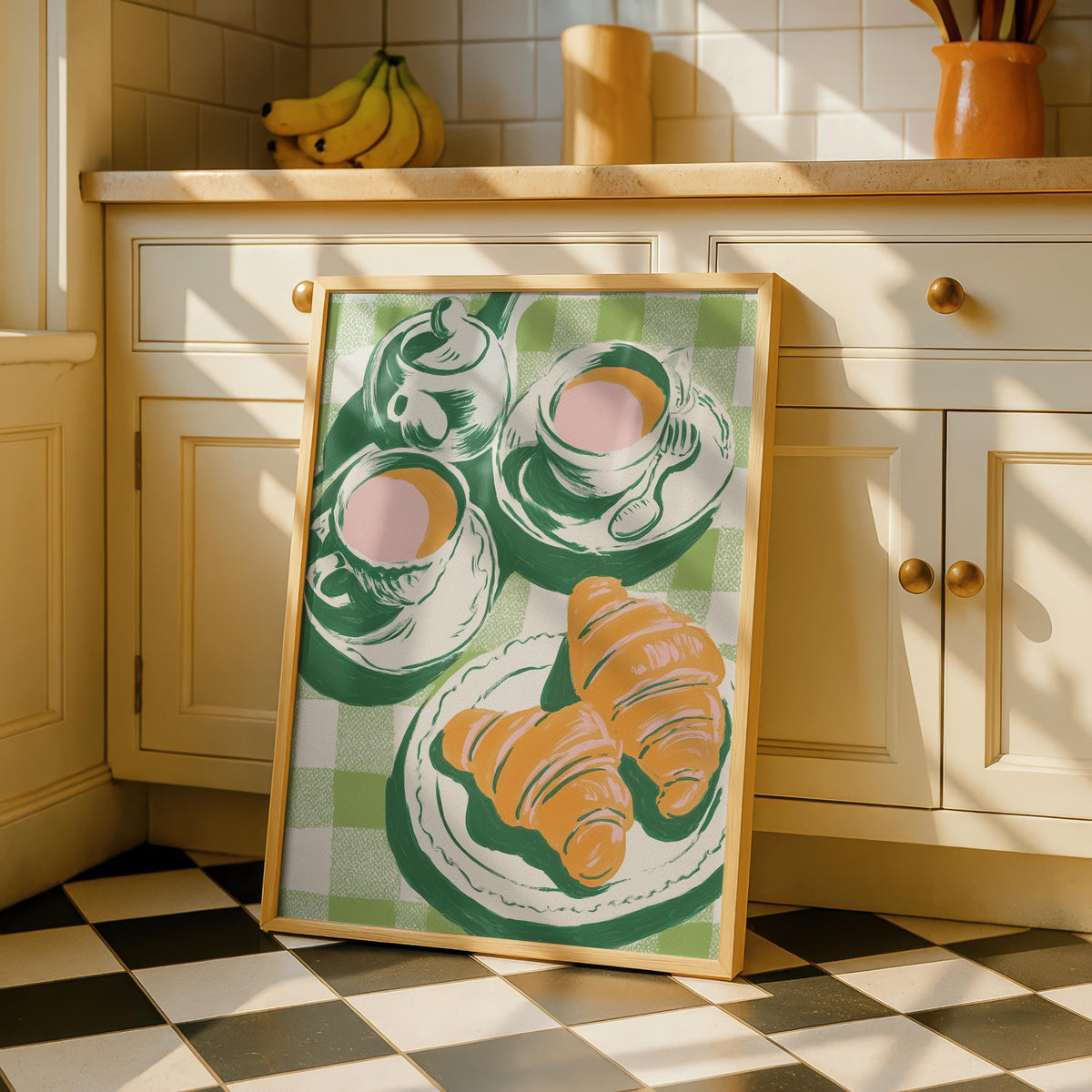 Croissant Kitchen Print - Cafe Breakfast Art - green Kitchen Art - Green Kitchen Decor -