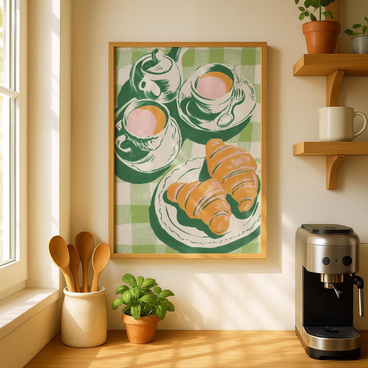 Croissant Kitchen Print - Cafe Breakfast Art - green Kitchen Art - Green Kitchen Decor -