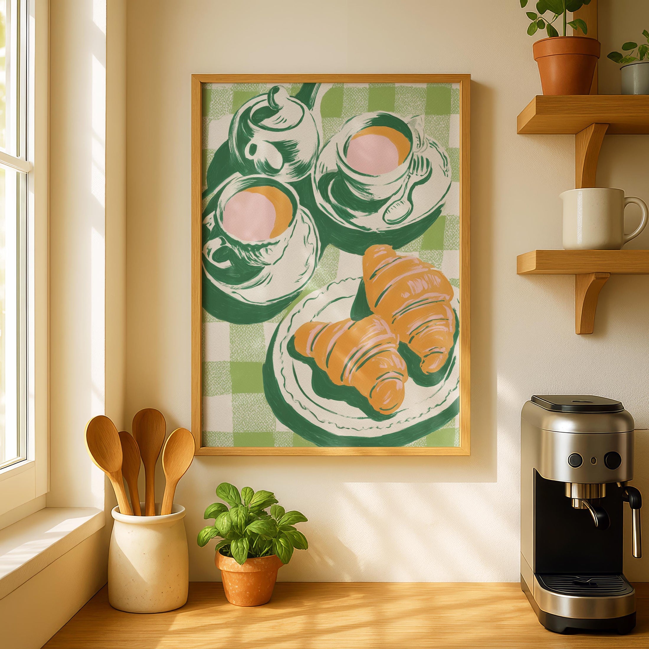 Croissant Kitchen Print - Cafe Breakfast Art - green Kitchen Art - Green Kitchen Decor -