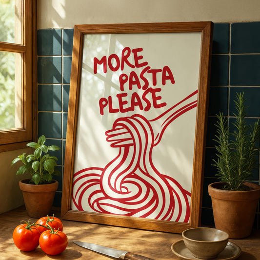 More Pasta Please - Pasta Night Kitchen Print - Fun Food Poster Art