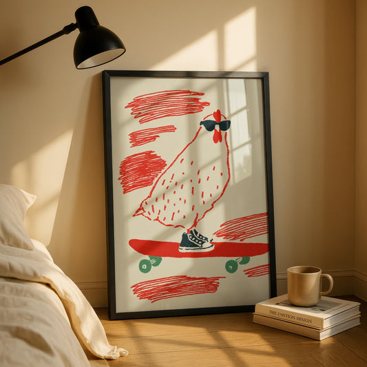 Skateboarding chicken Print - Tomfoolery Print - Fun Wall art - Quirky Animal Wall Art