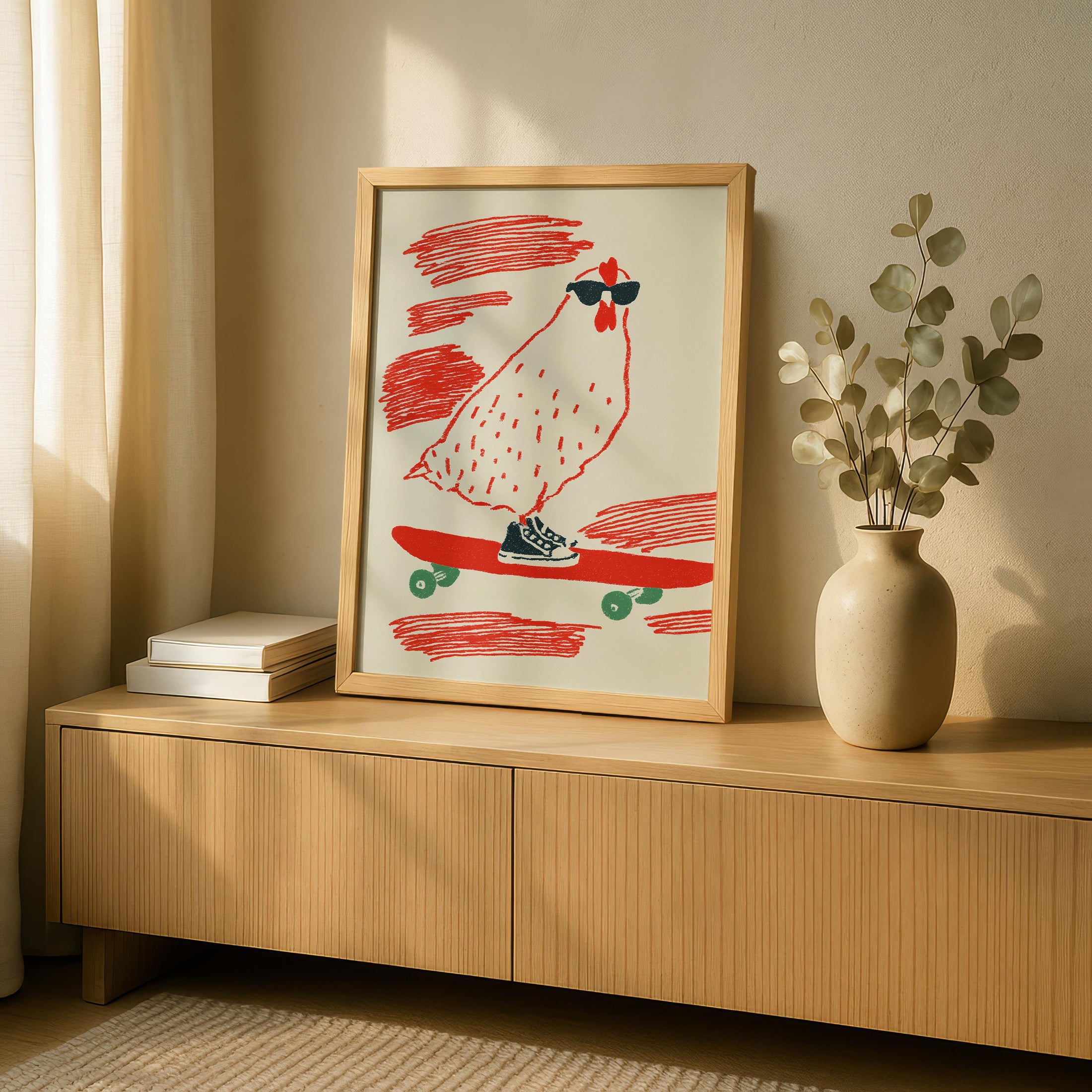 Skateboarding chicken Print - Tomfoolery Print - Fun Wall art - Quirky Animal Wall Art