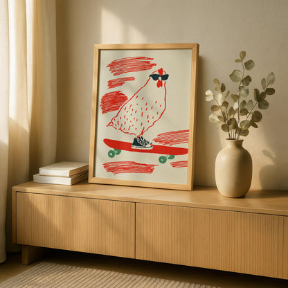 Skateboarding chicken Print - Tomfoolery Print - Fun Wall art - Quirky Animal Wall Art
