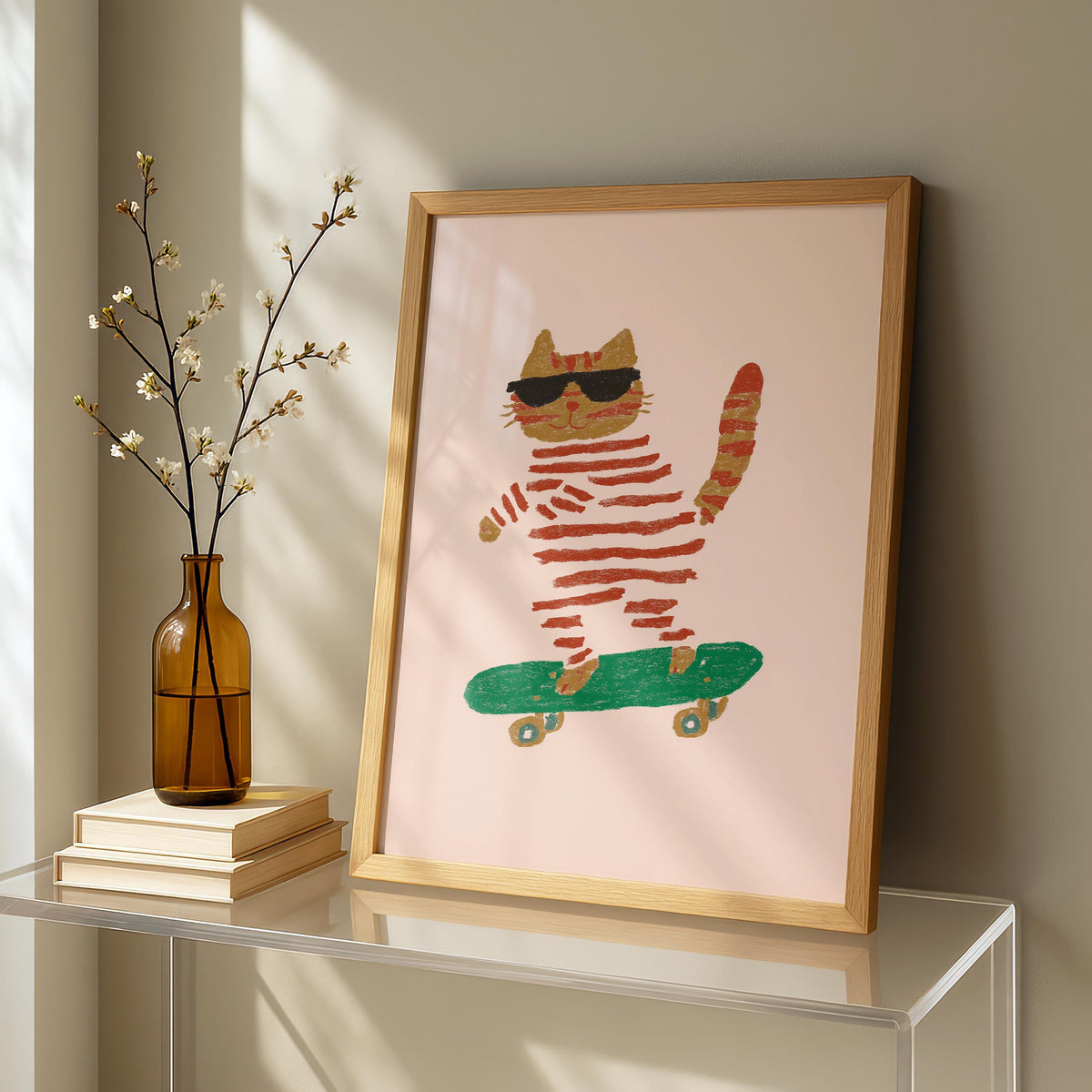 Skateboarding cat Print - striped Print - Fun Wall art - Quirky Animal Wall Art