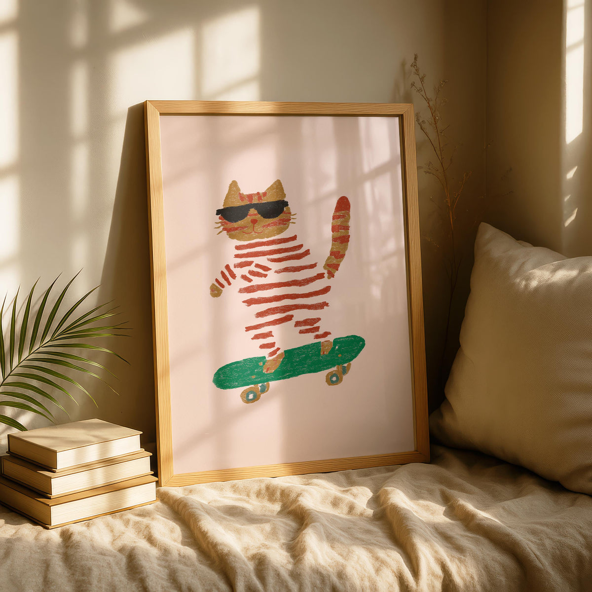 Skateboarding cat Print - striped Print - Fun Wall art - Quirky Animal Wall Art