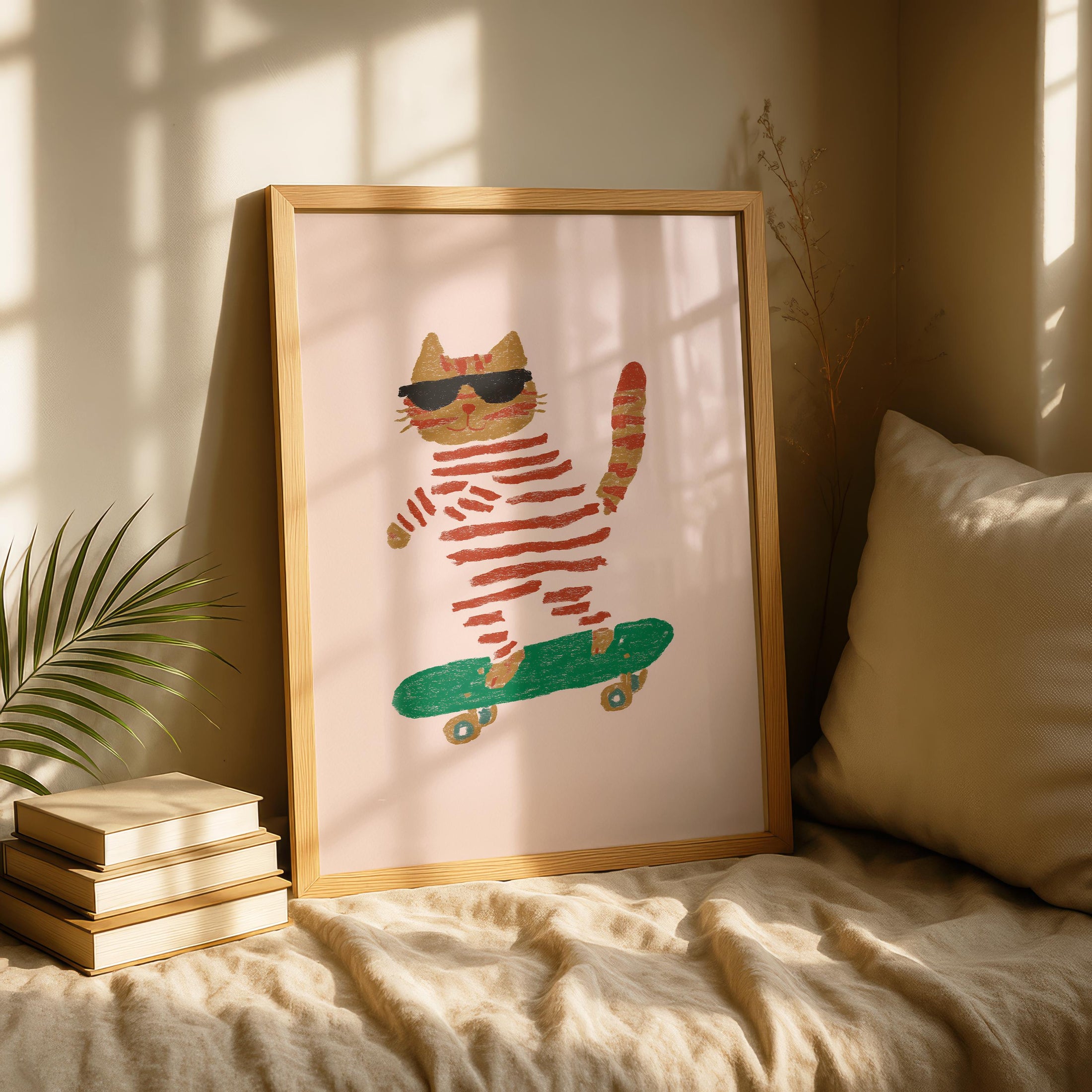 Skateboarding cat Print - striped Print - Fun Wall art - Quirky Animal Wall Art