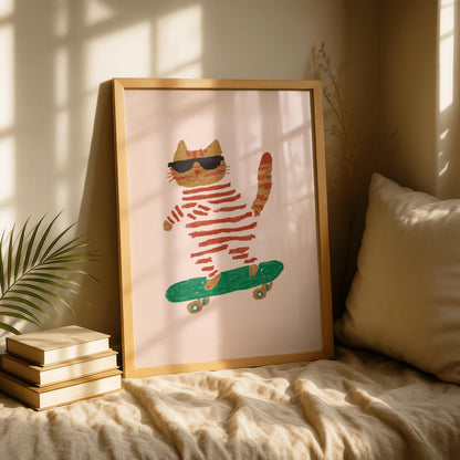 Skateboarding cat Print - striped Print - Fun Wall art - Quirky Animal Wall Art