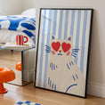 Load image into Gallery viewer, Fun Cat Wall Art Print - Stripey Prints - Blue Decor - Hearts
