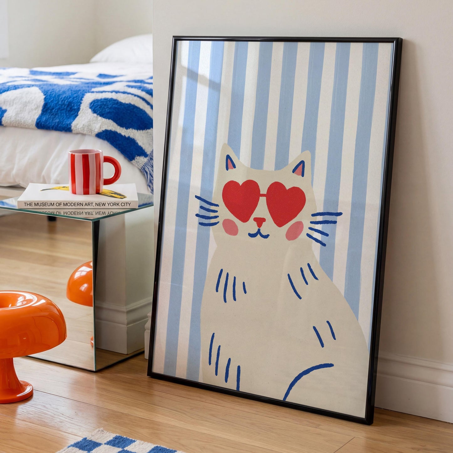 Fun Cat Wall Art Print - Stripey Prints - Blue Decor - Hearts