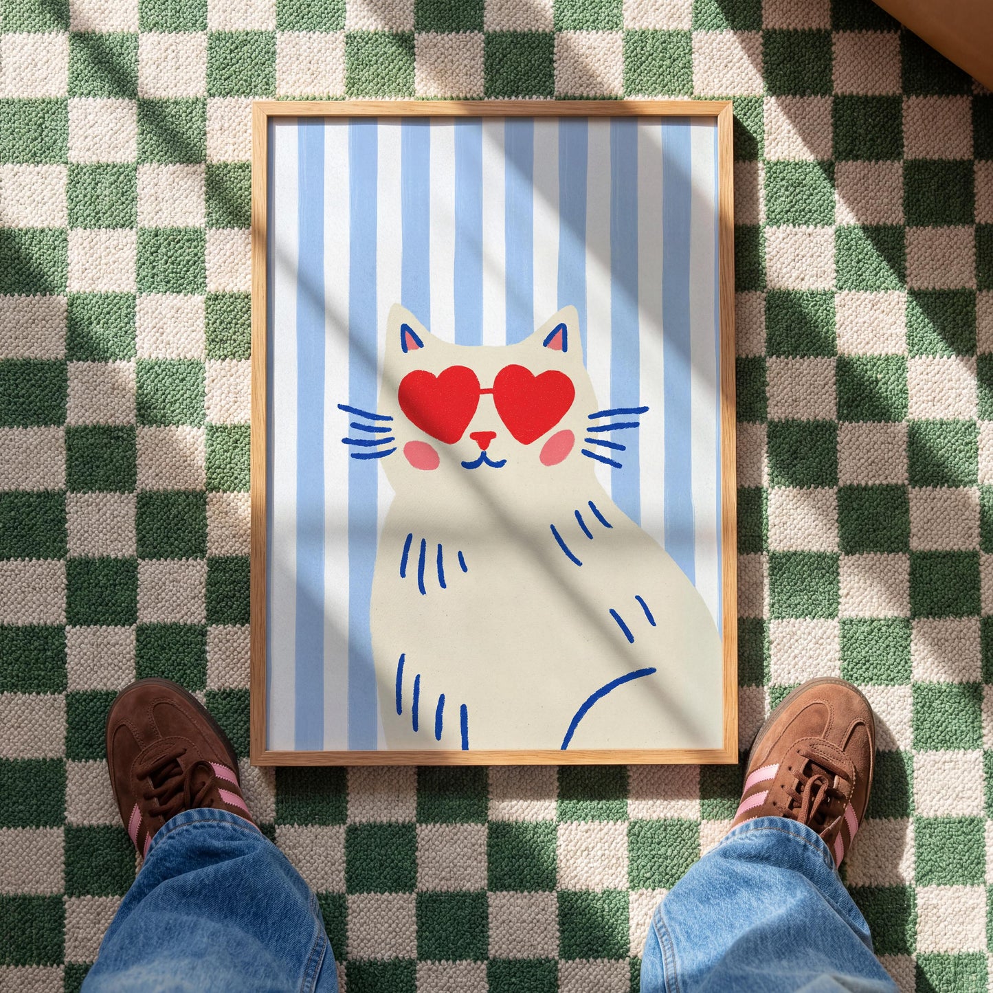 Fun Cat Wall Art Print - Stripey Prints - Blue Decor - Hearts