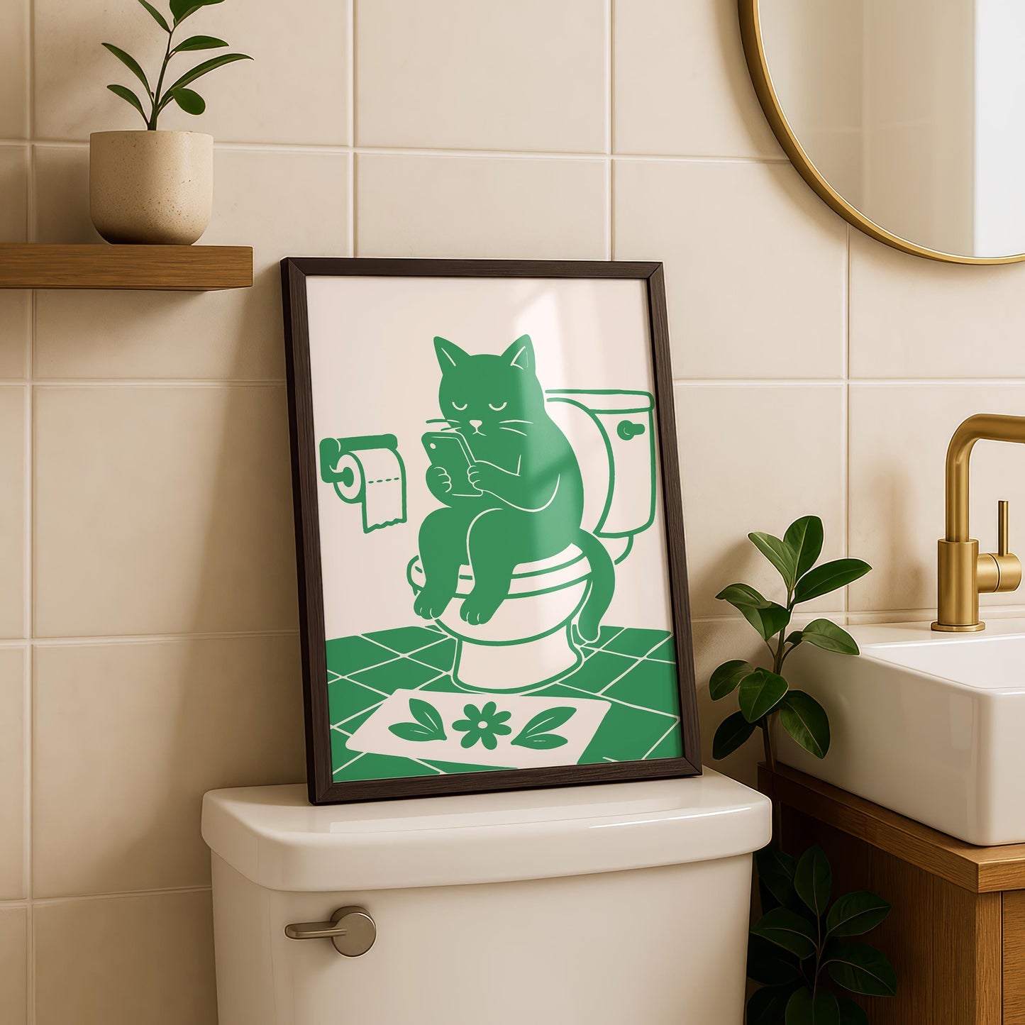 A framed print of a green cat on a toilet looking at a phone, with a toilet paper roll and a green flower mat, sits on a toilet tank.