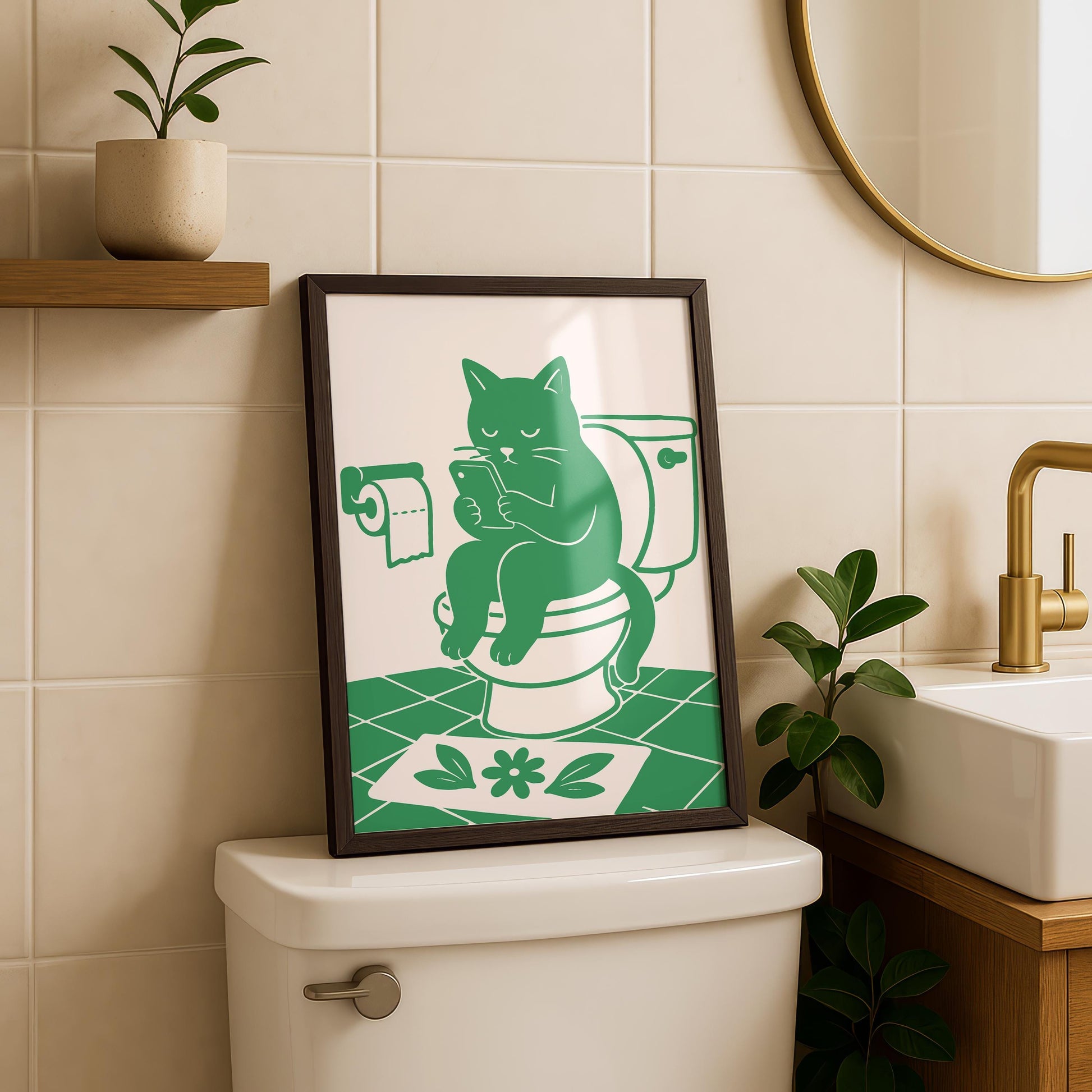 A framed print of a green cat on a toilet looking at a phone, with a toilet paper roll and a green flower mat, sits on a toilet tank.