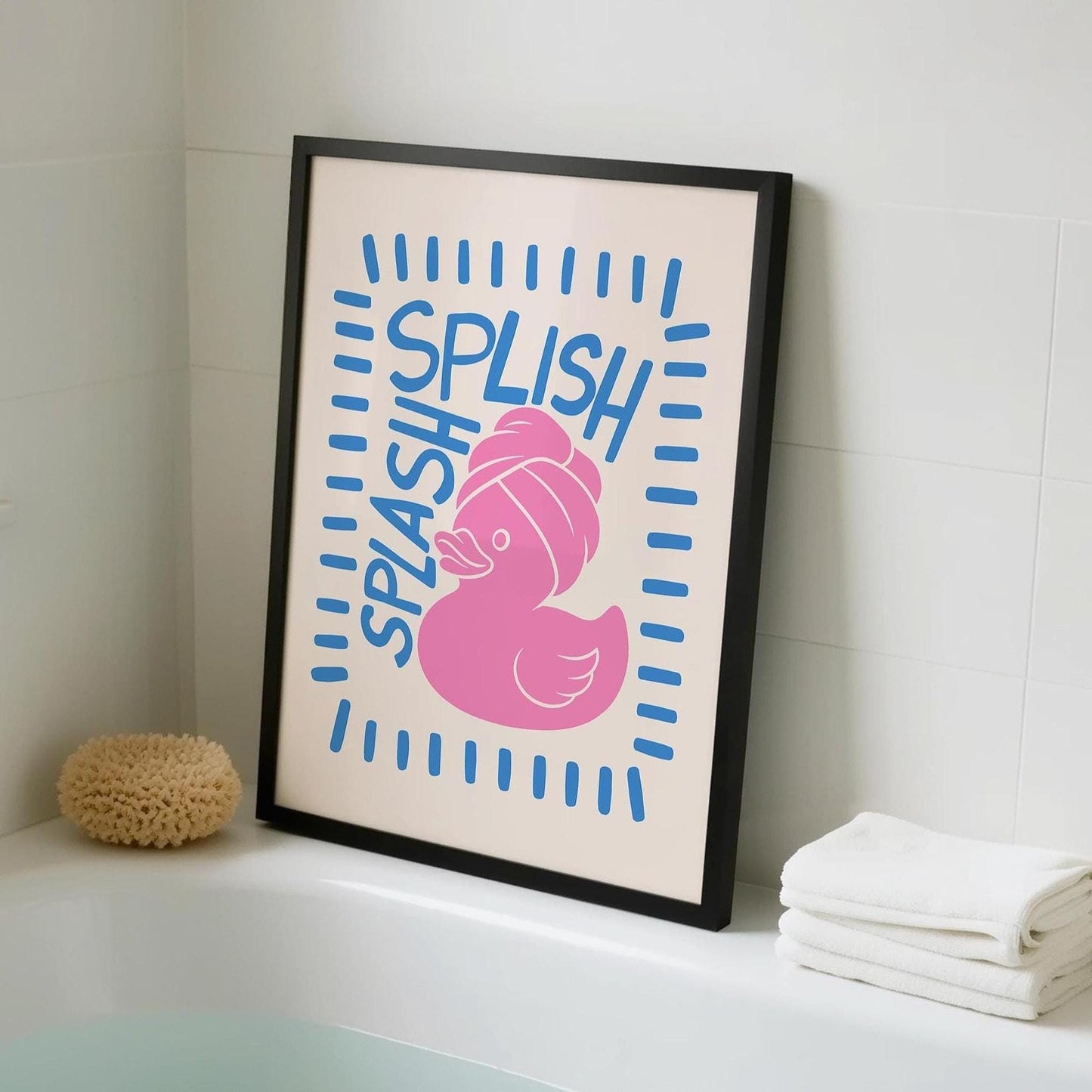 Splish Splash - Funny Duck Bathroom Print - Quirky Home Decor - Pink Blue Poster