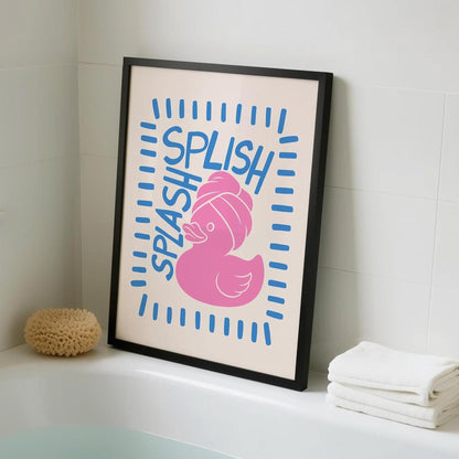 Splish Splash - Funny Duck Bathroom Print - Quirky Home Decor - Pink Blue Poster