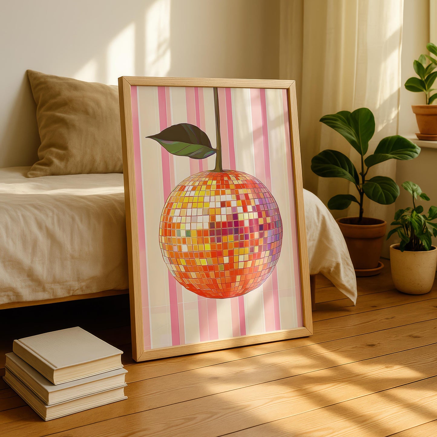 A light wood-framed print of an orange disco ball with a green leaf, on a pink and beige striped background, leaning against a bed in a sunlit room.