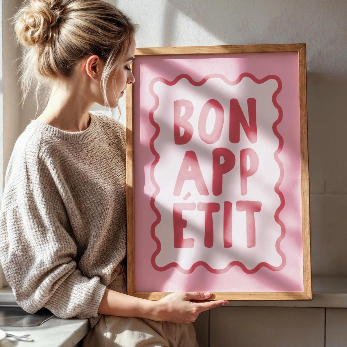 Bon Appetit Art - Kitchen Print - Typography Art - Pink Quotes - Colourful Kitchen Decor