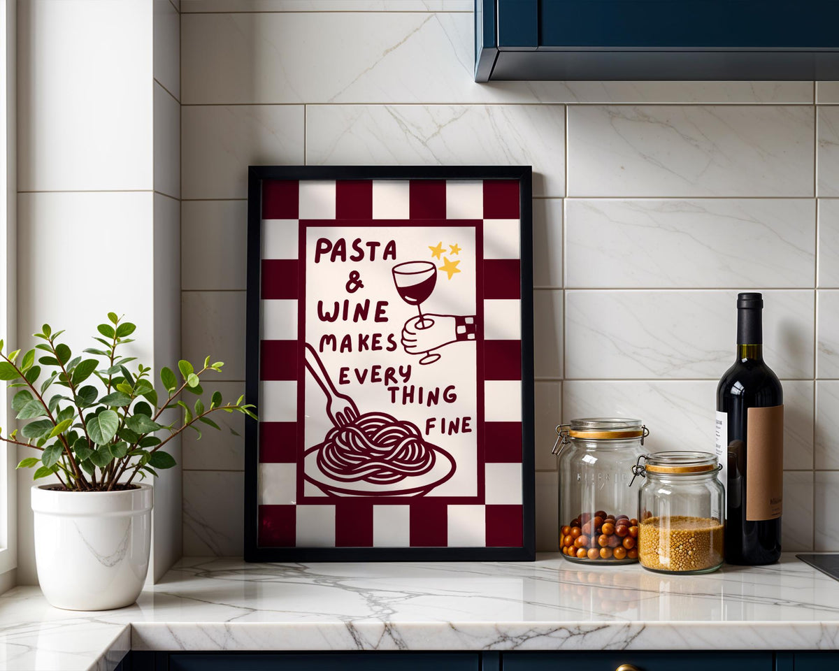 Pasta and wine - Funny Wine Print - Sweary Print - Kitchen Art - Red Posters