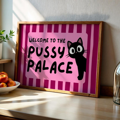 Cat Art Print - Pussy Palace - Pink Wall Decor - Hallway Poster - Fun Wall Art