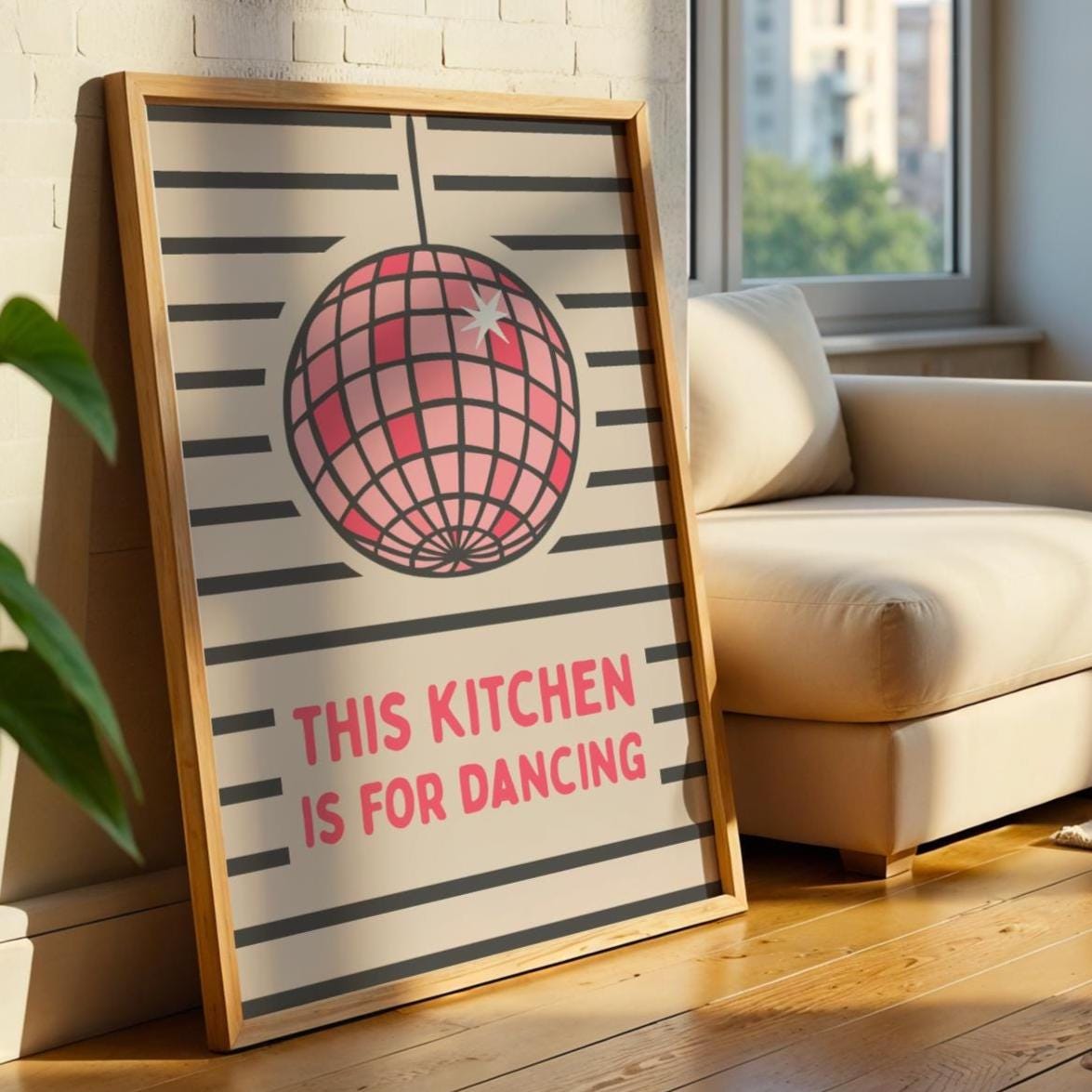 Kitchen Disco Ball Poster | This Kitchen is for Dancing | Pink Wall Art | Eclectic Whimsical Print