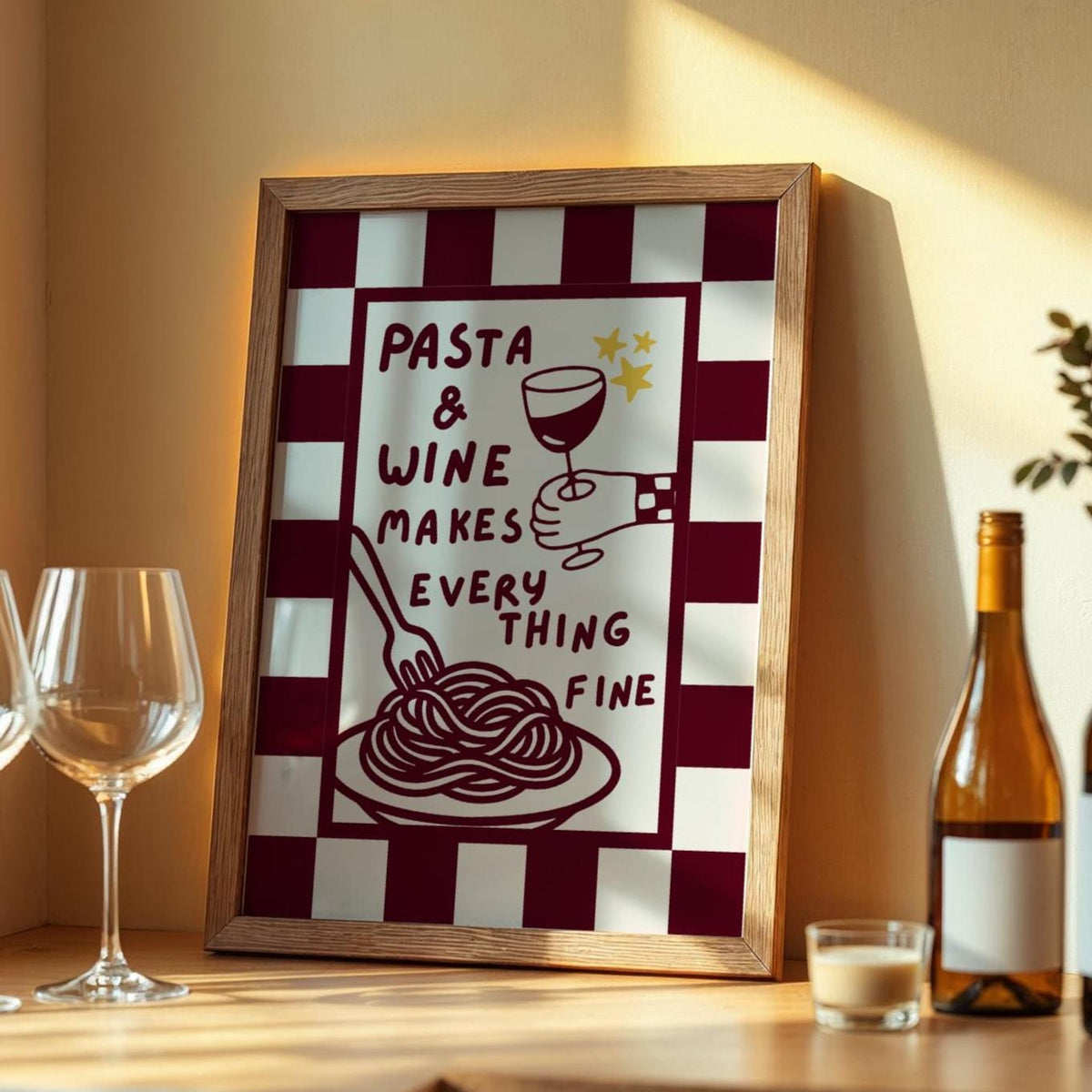 Pasta and wine - Funny Wine Print - Sweary Print - Kitchen Art - Red Posters