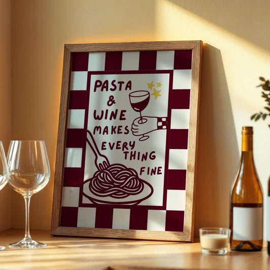 Pasta and wine - Funny Wine Print - Sweary Print - Kitchen Art - Red Posters