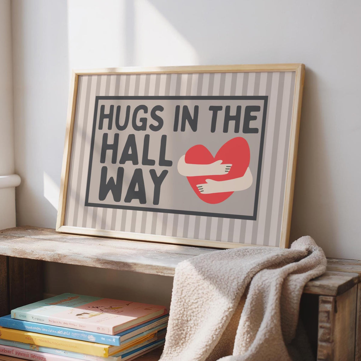 Hugs in the hallway - Grey Wall Art - Cute Home Sign - Typography poster